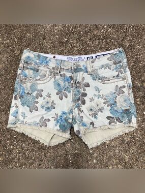 Miss Me Cargo Women’s 29 Shorts Floral Khaki Blue Peony Jean Cut Off Raw Hem